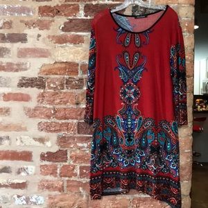 Deep red, blues and blacks knee length dress
